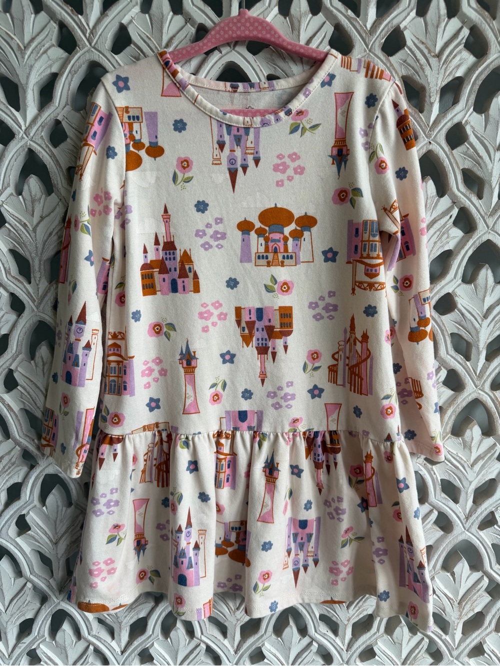 Disney Princess Girls Castle Print Long Sleeve Dress Size 4T